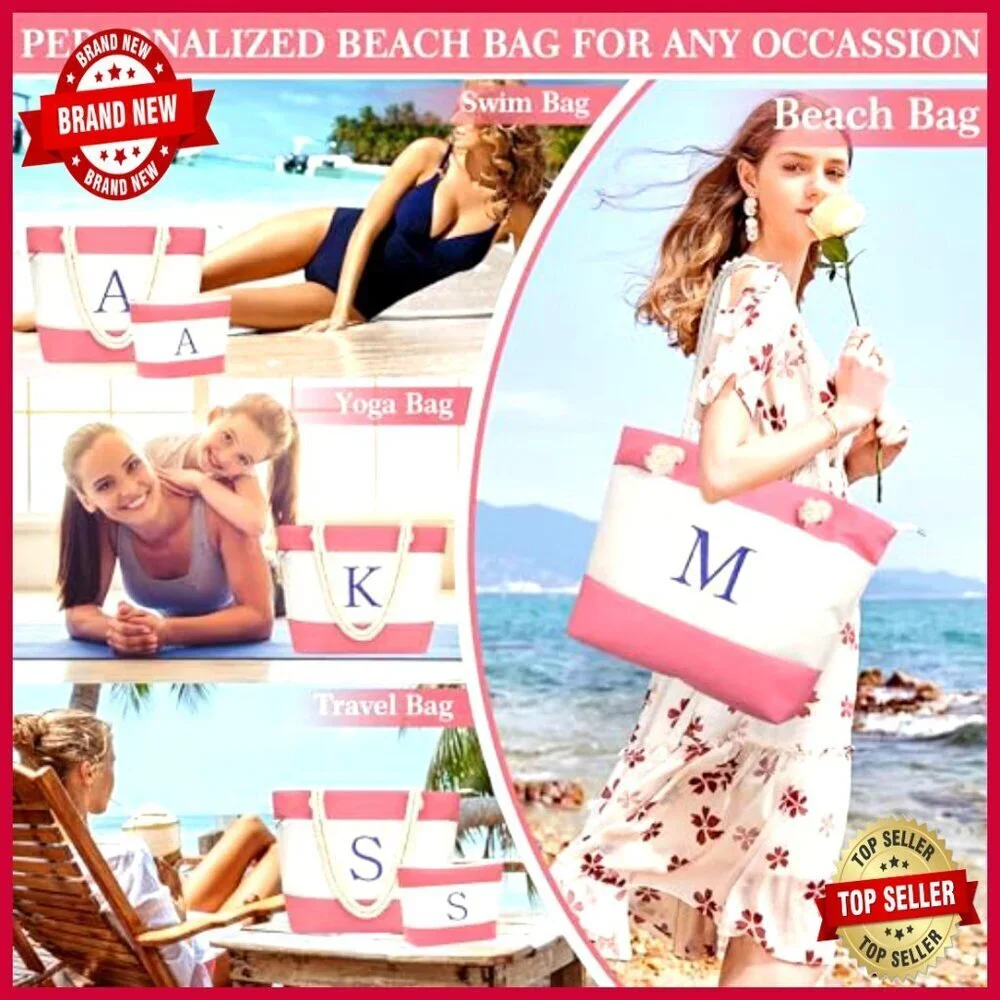 Large Waterproof Canvas Tote Bag with Zipper Pockets for Beach Travel